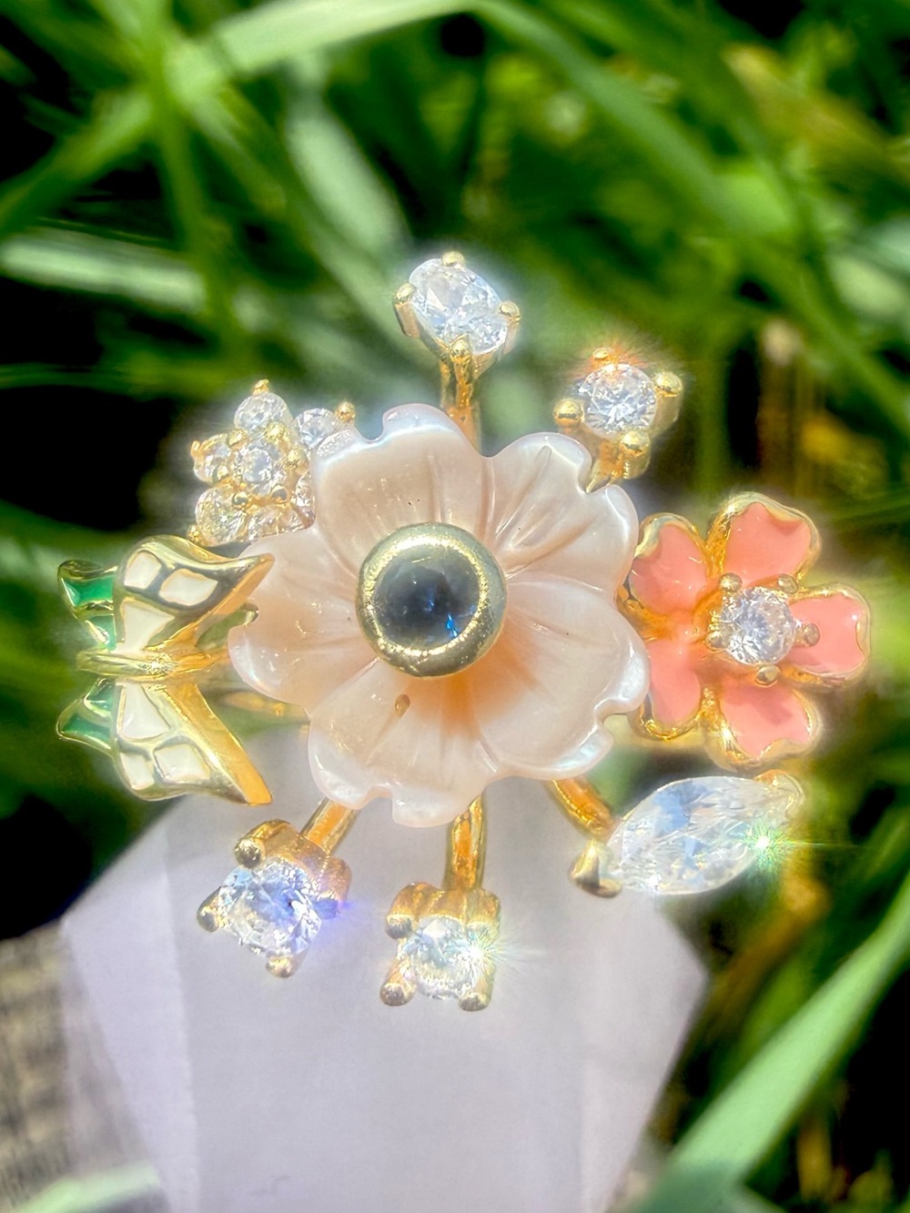 Floral Mother of Pearl Statement Ring Sapphire,Cz & Enamel Accents Gold Sterling
